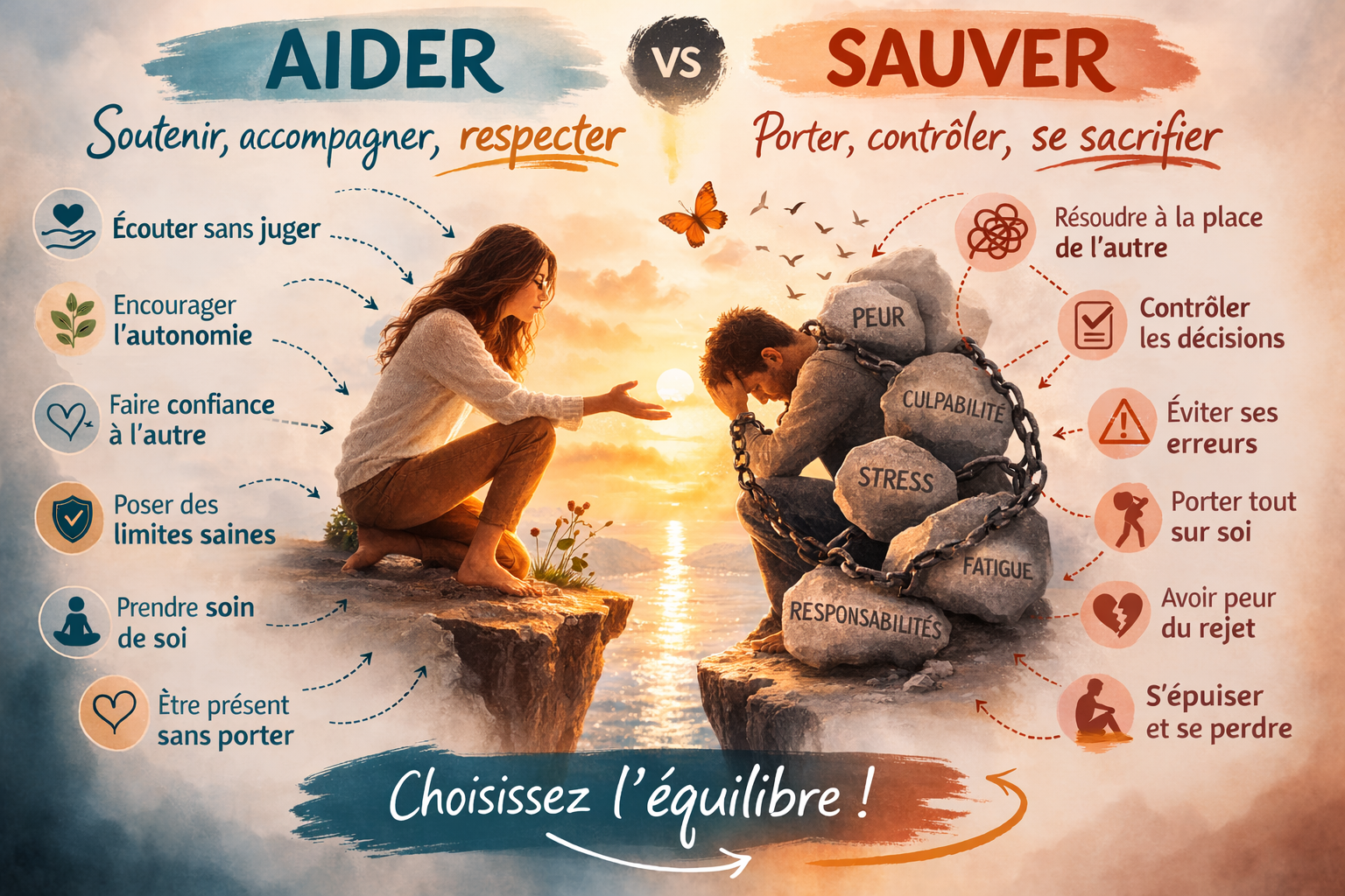 Infographie du syndrome du sauveur : soutenir l&rsquo;autonomie ou porter les responsabilit&eacute;s de l&rsquo;autre