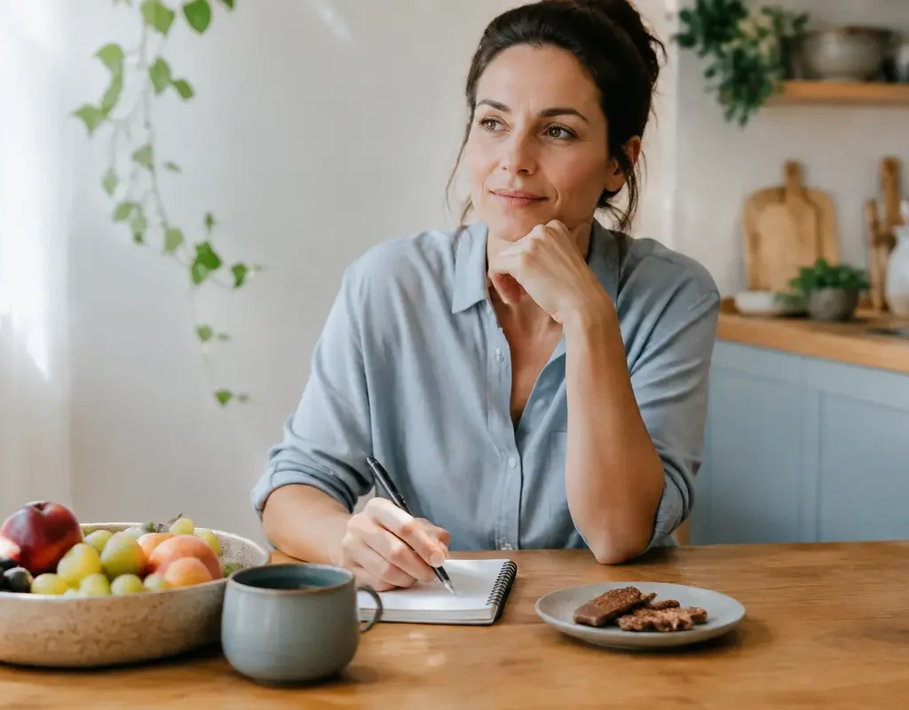 Femme observant ses sensations avant de manger et prenant des notes