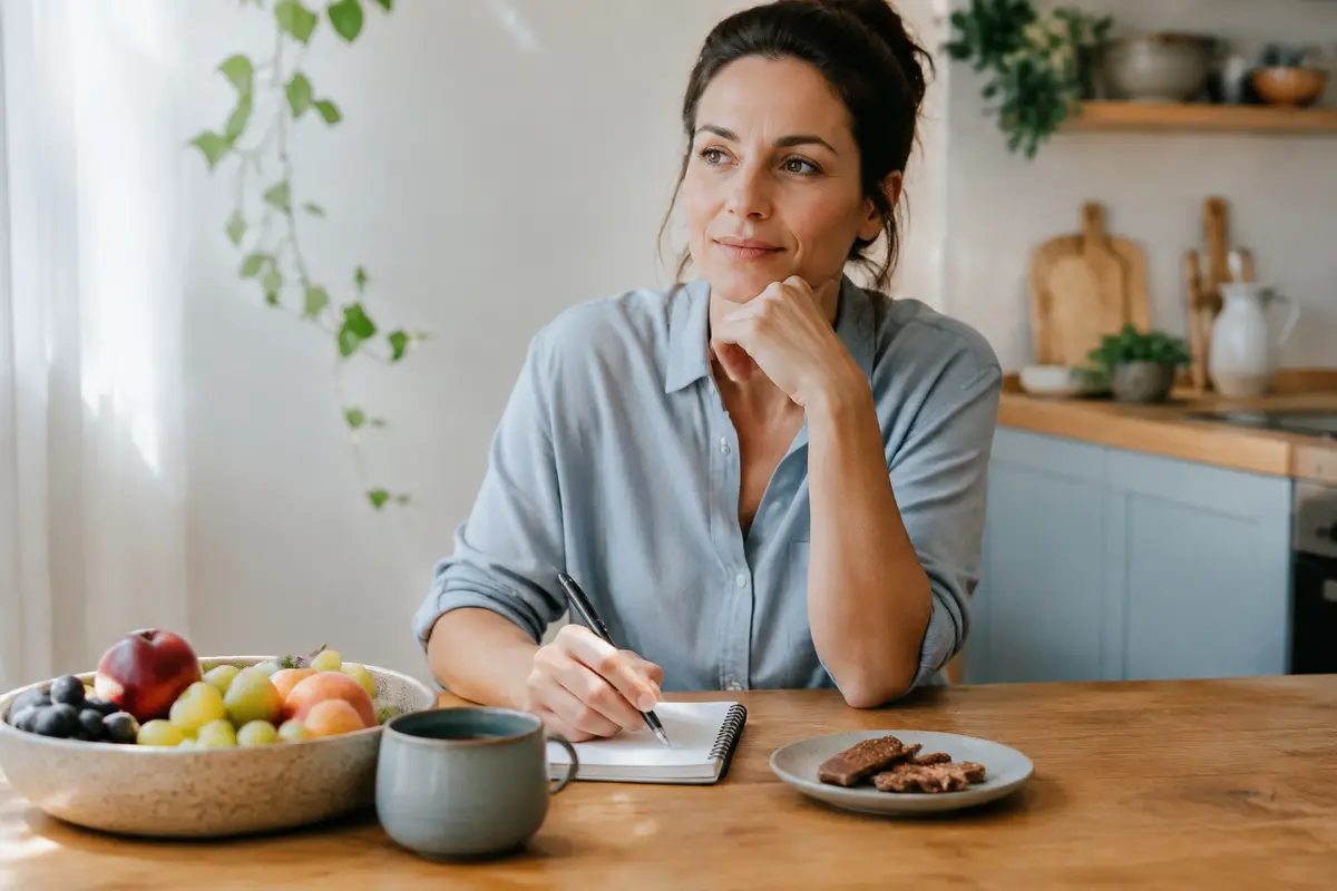 Femme observant ses sensations avant de manger et prenant des notes