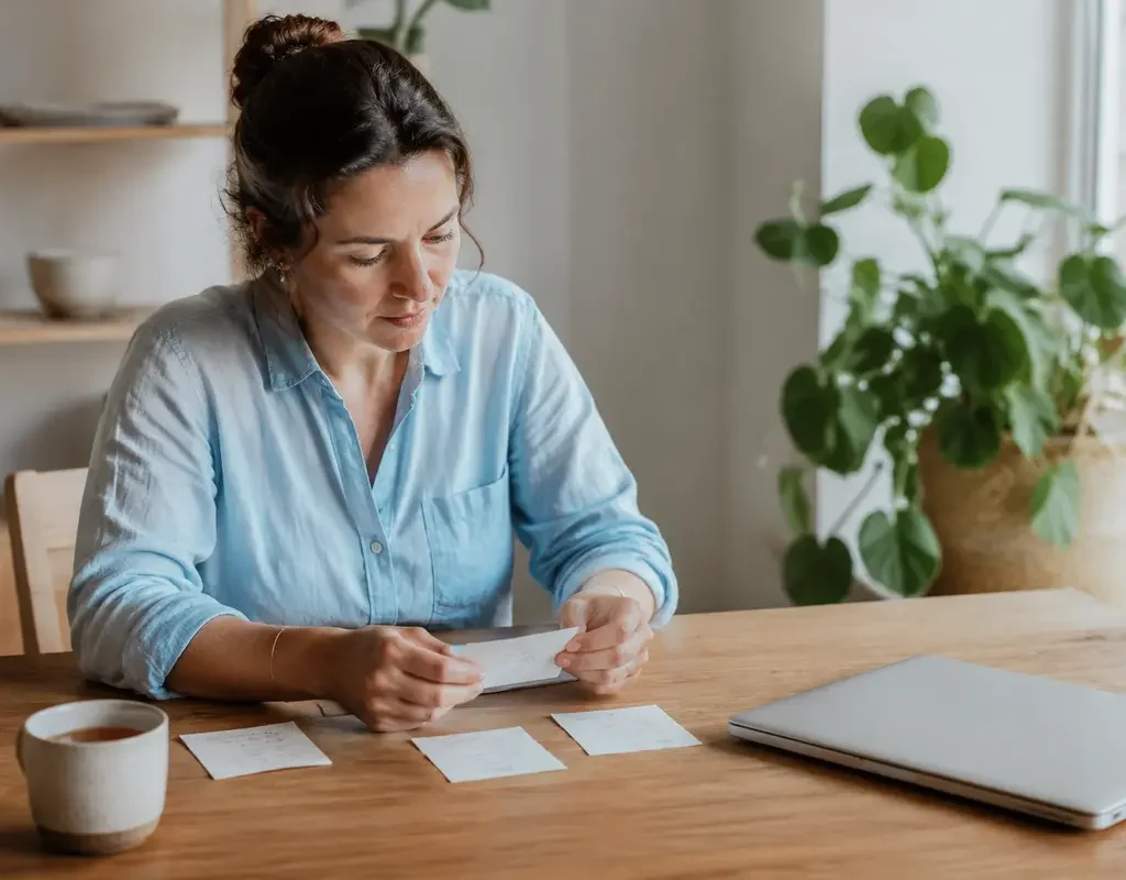 Femme triant ses priorités sur des notes à son bureau