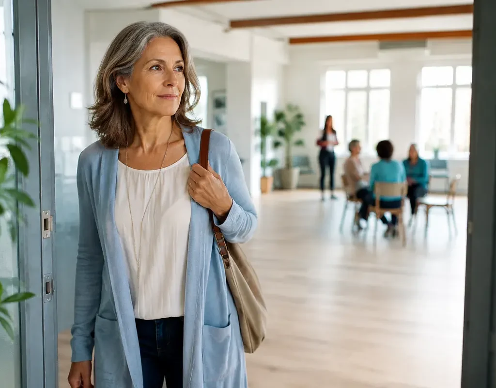 Femme entrant avec assurance dans une salle d’atelier