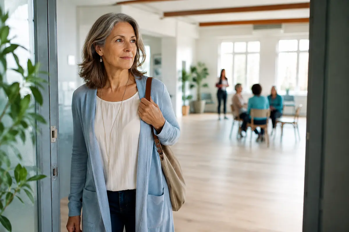 Femme entrant avec assurance dans une salle d’atelier