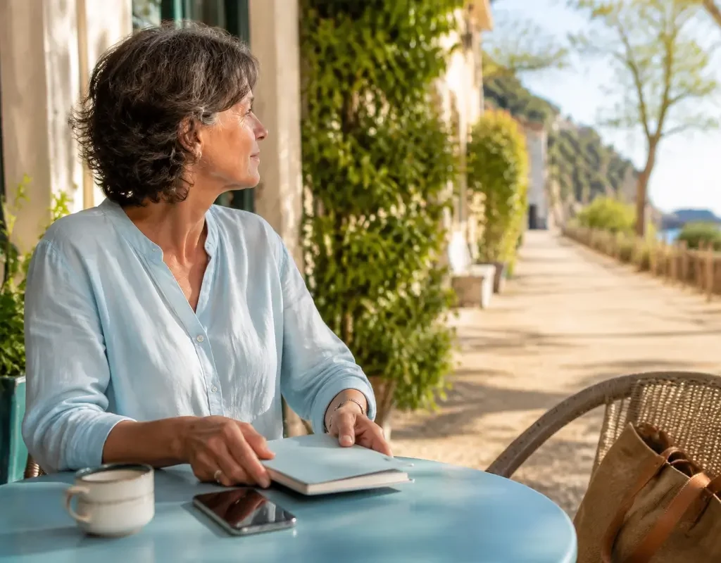 Femme posant son téléphone et son carnet pour faire une pause