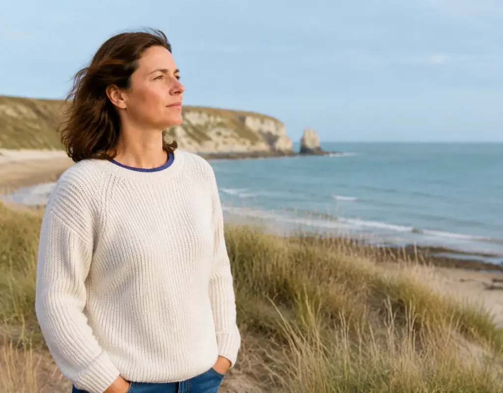 Femme respirant calmement face à la mer