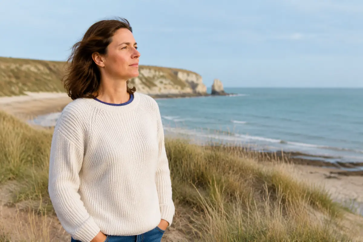 Femme respirant calmement face &agrave; la mer