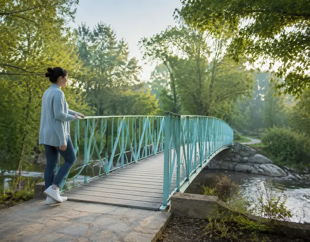 Femme avançant progressivement sur une passerelle