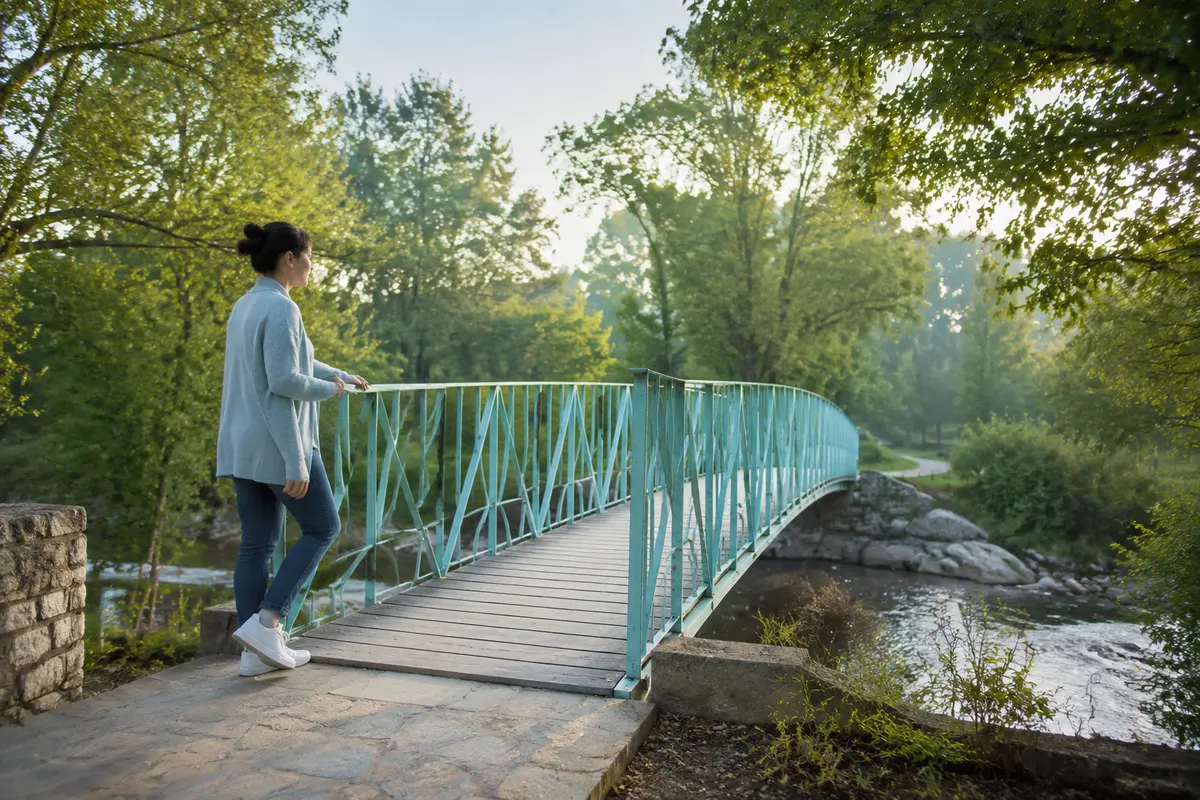 Femme avançant progressivement sur une passerelle