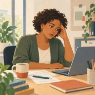 Illustration fictive : Une femme fait une pause devant son ordinateur de travail, la main près de la tempe.
