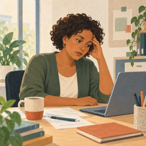 Illustration fictive : Une femme fait une pause devant son ordinateur de travail, la main près de la tempe.