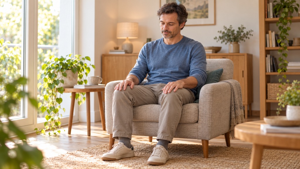 Homme assis confortablement, les pieds au sol et les mains posées sur les cuisses.