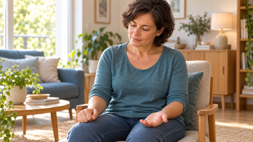Femme assise comparant une main doucement fermée et une main ouverte.