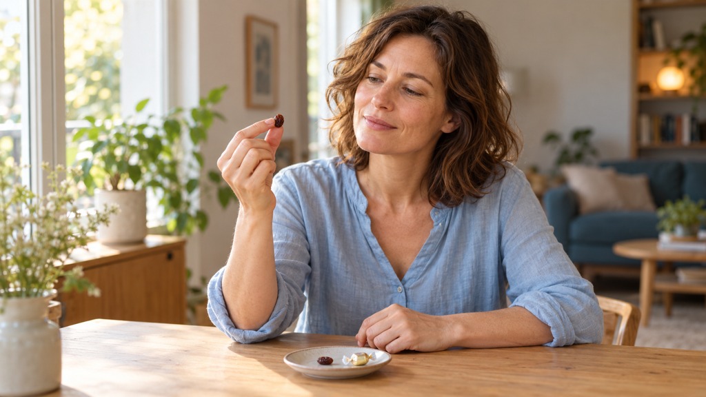 Femme observant un raisin sec entre ses doigts, assise à une table près d’une fenêtre.