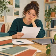 Illustration fictive : Une jeune femme regarde un courrier près de livres.