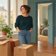 Illustration fictive : Une femme se tient près de cartons dans un logement.
