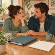 Illustration fictive : Deux adultes échangent devant un dossier et un calendrier.