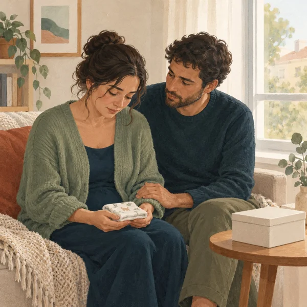 Illustration fictive : Deux adultes partagent un moment pr&egrave;s d&rsquo;une fen&ecirc;tre&nbsp;; l&rsquo;un tient un petit v&ecirc;tement pli&eacute;.