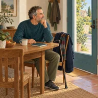 Illustration fictive : Un homme assis près de sa porte, avec une canne à côté de lui.