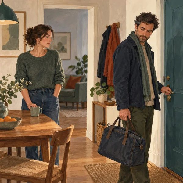 Illustration fictive : Deux adultes dans une entrée ; l’un tient un sac et une clé.
