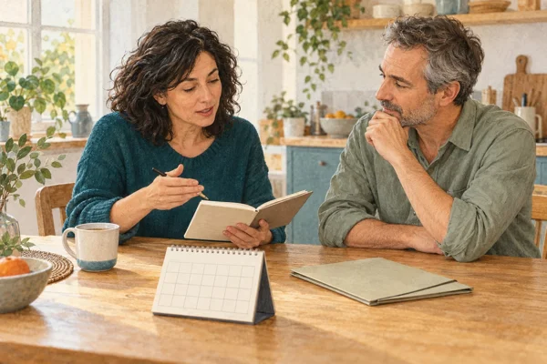 Illustration fictive : une femme et un homme &eacute;changent autour d&rsquo;un carnet et d&rsquo;un calendrier.