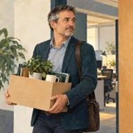 Illustration fictive : Un homme quitte un bureau avec ses affaires dans une boîte.